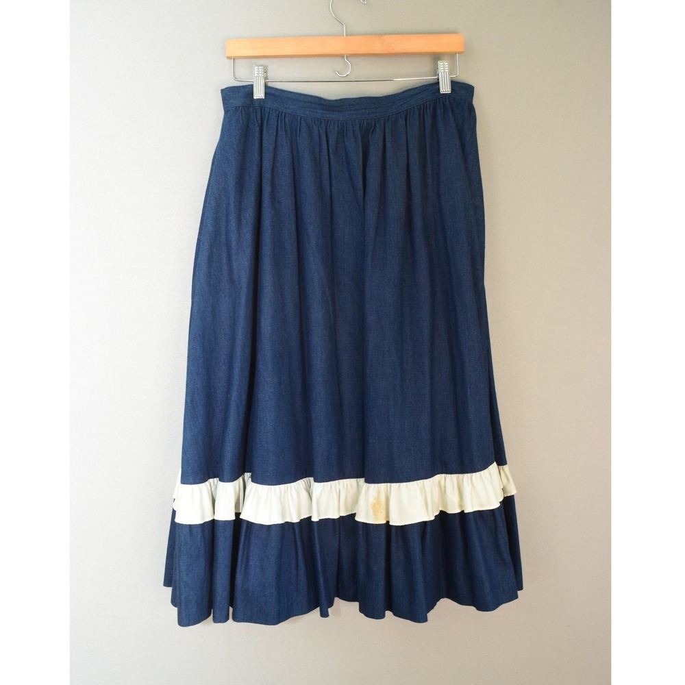 Vintage 70's H Bar C Skirt 16 Blue Denim Ruffle Trim Western Prairie Womens Midi